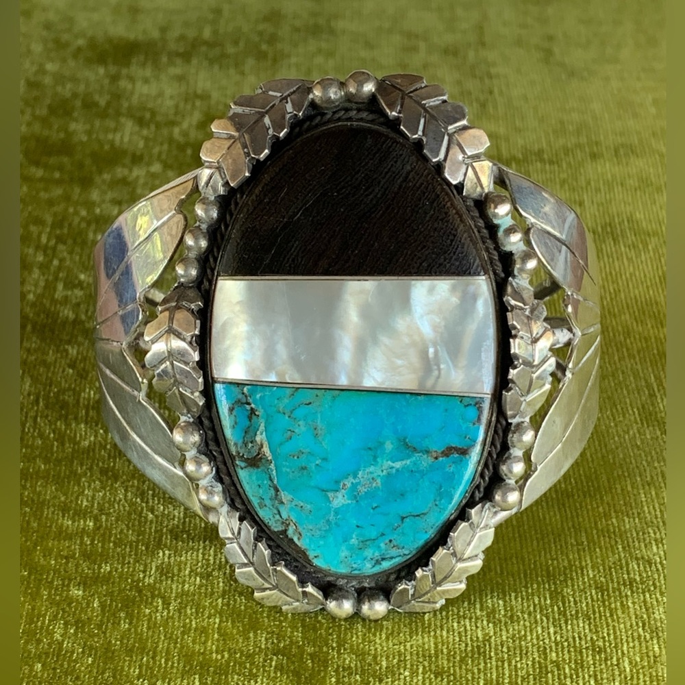 Zuni Old Pawn Turquoise Wood Mother of Pearl Sterling Silver Cuff